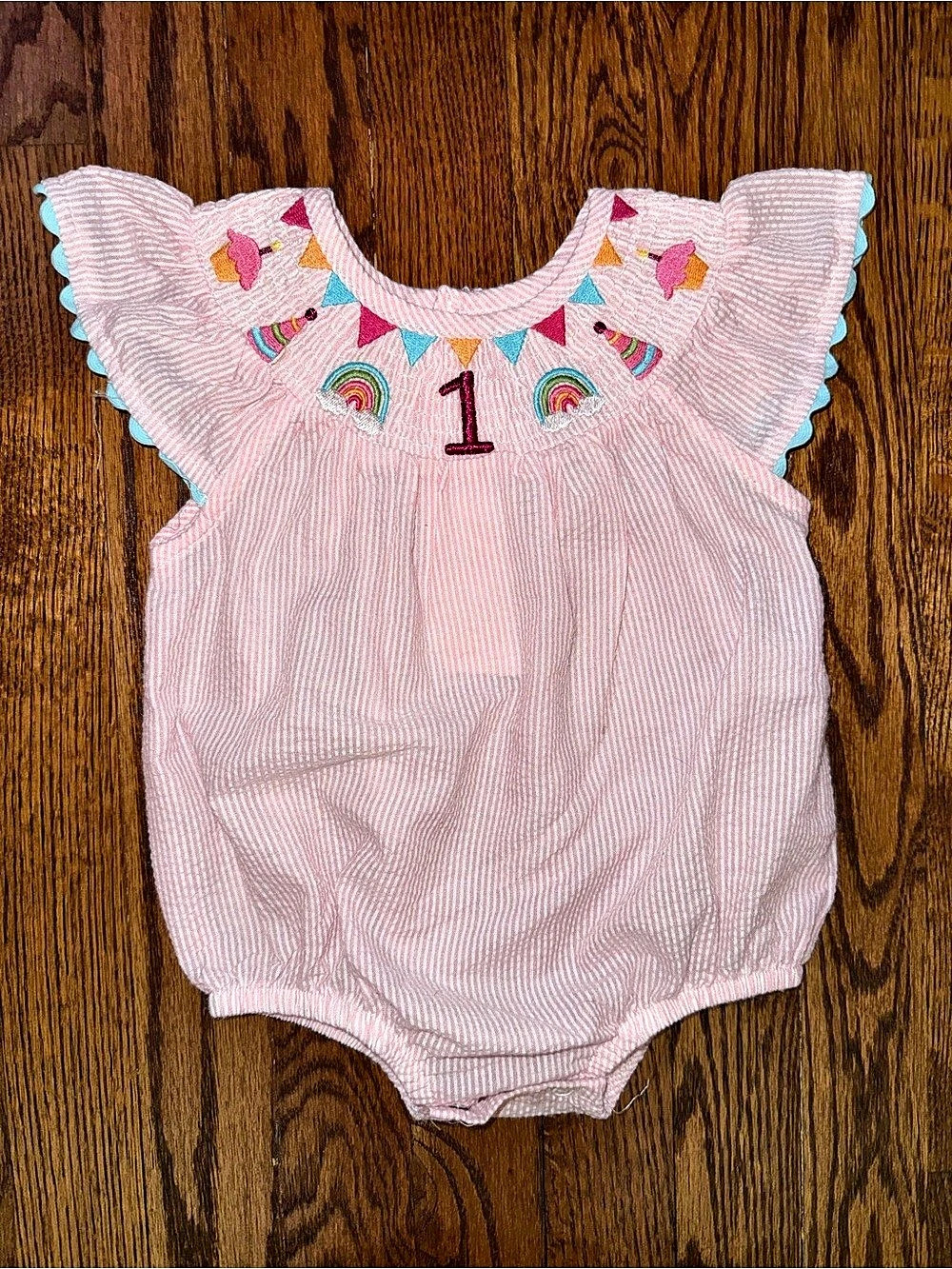 Mud Pie Smocked 1st Birthday Baby Romper Pink & Blue 12-18M
